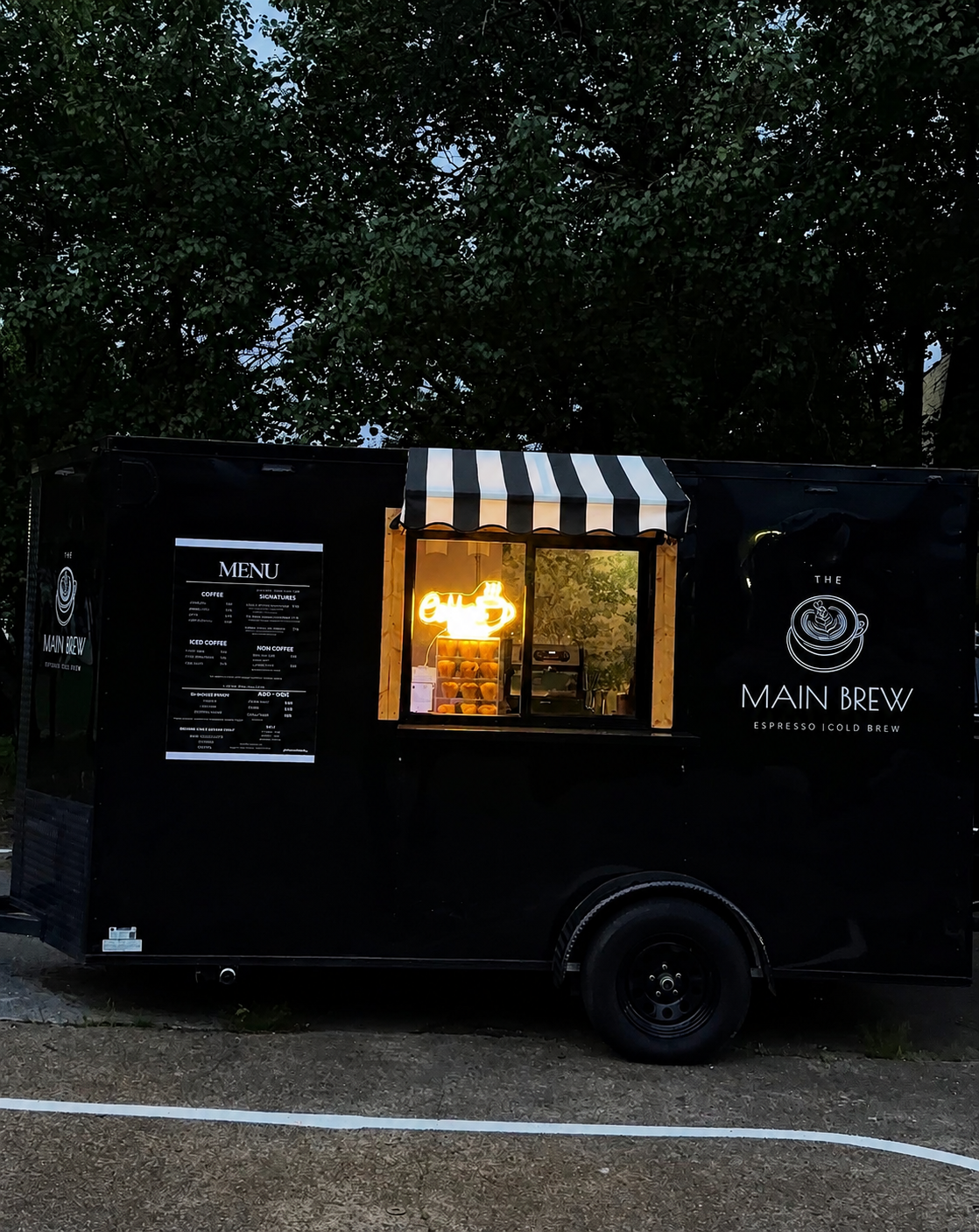 The Main Brew coffee trailer at dusk